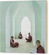 Young Buddhist Monks Reading In Temple Wood Print