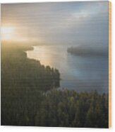 Aerial View Of A Misty Forest & Lake Landscape In Finland During Sunrise Early On A Summer Morning #1 Wood Print
