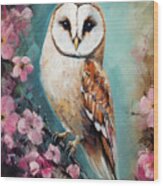 Barn Owl In The Pink Blossoms Wood Print