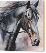 Black Horse Watercolor Painted. #1 Wood Print