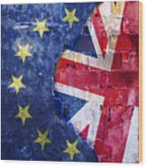 Brexit, Flags Of The United Kingdom And The European Union On Cracked Background #1 Wood Print