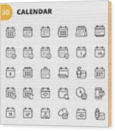 Calendar Line Icons. Editable Stroke. Pixel Perfect. For Mobile And Web. Contains Such Icons As Calendar, Appointment, Holiday, Clock, Time, Deadline. #1 Wood Print
