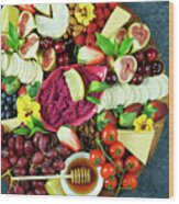 Cheese And Fruit Charcuterie Dessert Grazing Platter On Wooden Board. #1 Wood Print
