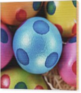 Colorful Easter Eggs With Polka Dots In A Basket #1 Wood Print