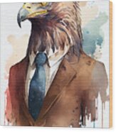 Eagle In Suit Watercolor Hipster Animal Retro Costume #1 Wood Print