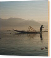 Fisherman At Inle Lake Wood Print