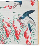 Flycatchers On A Nandina Bush By Ohara Koson Wood Print