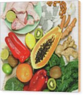 Foods That Boost The Immune System Including Fruit, Vegetables And Poultry. #1 Wood Print