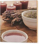 Hot Massage Oil In A Bowl With Lavender In Spa Wood Print