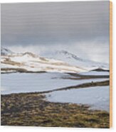 Icelandic Landscape With Mountains And Meadow Land Covered In Snow. Iceland Wood Print