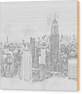 New York City Skyline With Skyscrapers, Pencil Drawing Wood Print