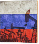 Oil Pump Jack On Flag Of Russia. Russian Petroleum #1 Wood Print