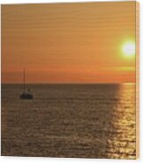 Sail Boat Cruises On Black Sea As Sun Sets On Horizon Batumi Georgia #2 Wood Print