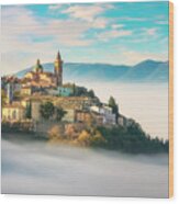 Trevi Picturesque Village In A Foggy Morning. Perugia, Umbria, I #1 Wood Print