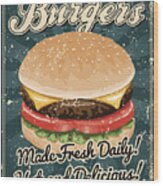 Vintage Screen Printed Burger Poster #1 Wood Print