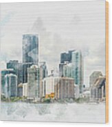 Watercolor Painting Illustration Of Miami Downtown Skyline In Daytime With Biscayne Bay Wood Print