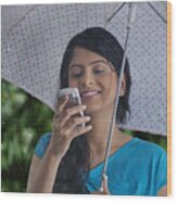 Woman Reading Sms On Mobile Phone #1 Wood Print