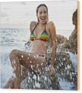 Young Woman Enjoying Splashing Waves On Tropical Beach #1 Wood Print