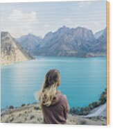 Young Woman Looks Out Across Mountain Lake #1 Wood Print