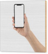 Close Up Hand Hold Phone Isolated On White, Mock-up Smartphone White Color Blank Screen #10 Wood Print