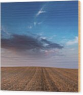 Agricultural Meadow Field And Cloudy Sky During Sunset. Wood Print