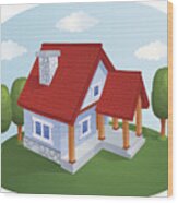 Cartoon House With A Tiled Roof #2 Wood Print