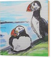 Painting Of 2 Puffins Wood Print
