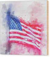 Watercolor Painting Illustration Of American Flag Isolated Over A White Background Wood Print