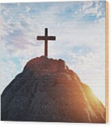 Cross On Mountain Peak At Sunset Christian Religion #3 Wood Print
