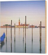 Venice Lagoon, San Giorgio Church, Gondolas And Poles. Italy #3 Wood Print