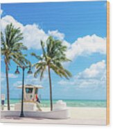 Seafront Beach Promenade With Palm Trees On A Sunny Day In Fort Lauderdale Wood Print