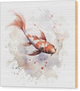 A Beautiful Japanese Koi Fish In Traditional Sumi-e Watercolour Wood Print