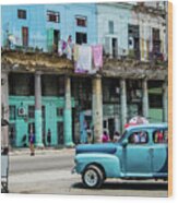 A Blue Car On The Street. Havana. Cuba Wood Print