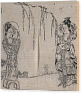 A Chinese Woman In A Garden Dressing Her Hair In A Mirror On An Elaborate Stand. Woodcut Attributed Wood Print