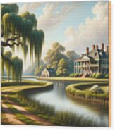 A Colonial-era Plantation In The American South, With Weeping Willows And A River. Wood Print