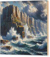 A Dramatic Cliffside Coastal View With Waves Crashing Against The Rocks Wood Print