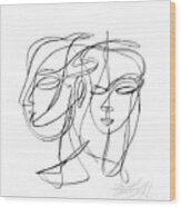 A One-line Abstract Drawing Depicting Two Faces In A Symbiotic Relationship Wood Print