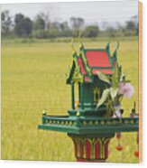 A Spirit House In A Rice Field Wood Print