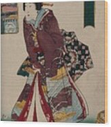 A Woman Trying On A New Pair Of Sandals And An Inset View Of Edo. Colour Woodcut By Kunisada, 1857 Wood Print