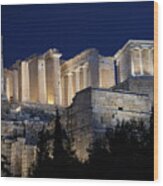 Acropolis At Night Wood Print