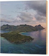 Aerial Panorama Of The Sunset Over The Waya Island In Fiji Wood Print