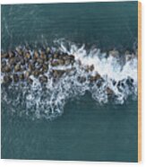 Aerial View From A Flying Drone Of Blue Sea Water And Break Water. Sea Wall Coastline Wood Print