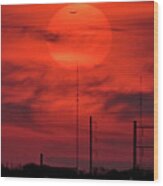Airplane Passing In Front Of Setting Sun Over Philadelphia Wood Print