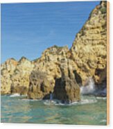 Algarve Gold Coast Sail - Breaking Waves Jewel Toned Ocean And Tall Cliffs In Lagos Portugal Wood Print
