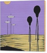 Aliens Yellow Planet Purple Sky Wood Print