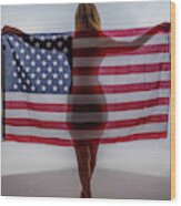 American Flag And Girl Wood Print