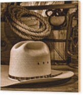 American West Rodeo Cowboy Hat - Sepia Wood Print