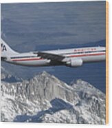 American Airlines Airbus A300 Over Snowcapped Mountains Wood Print
