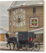 Amish Buggy At The Brown Swiss Dairy Wood Print