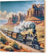 An Old Steam Train Chugging Through The Wild West, With Red Rock Canyons In The Backdrop. Wood Print